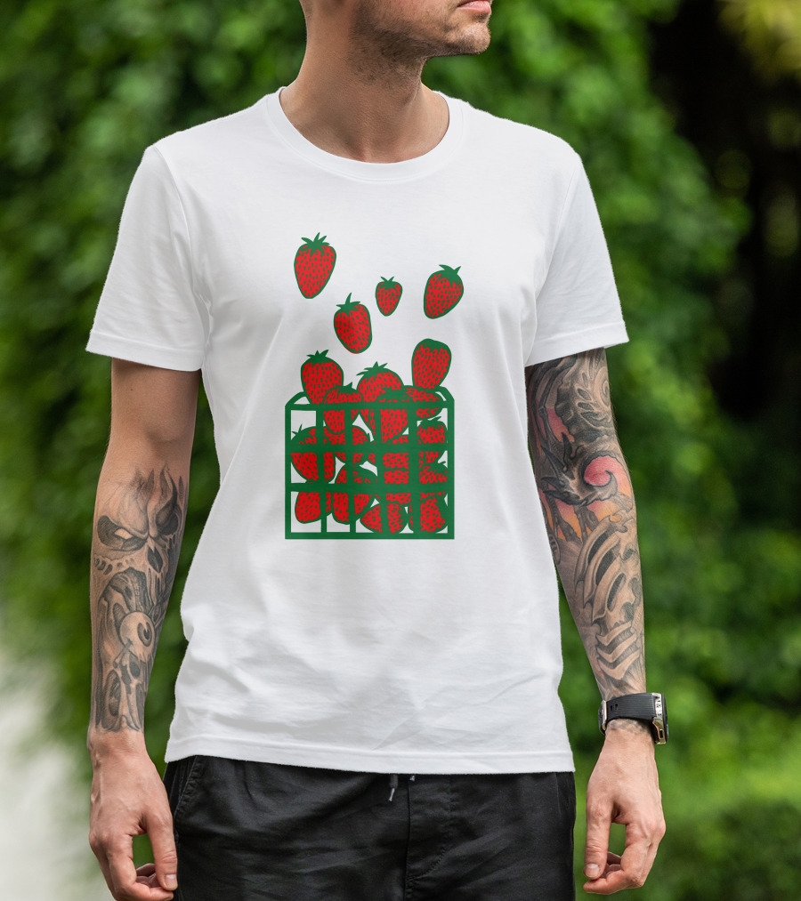 Strawberry Basket With Falling Strawberries Screen Print T-Shirt