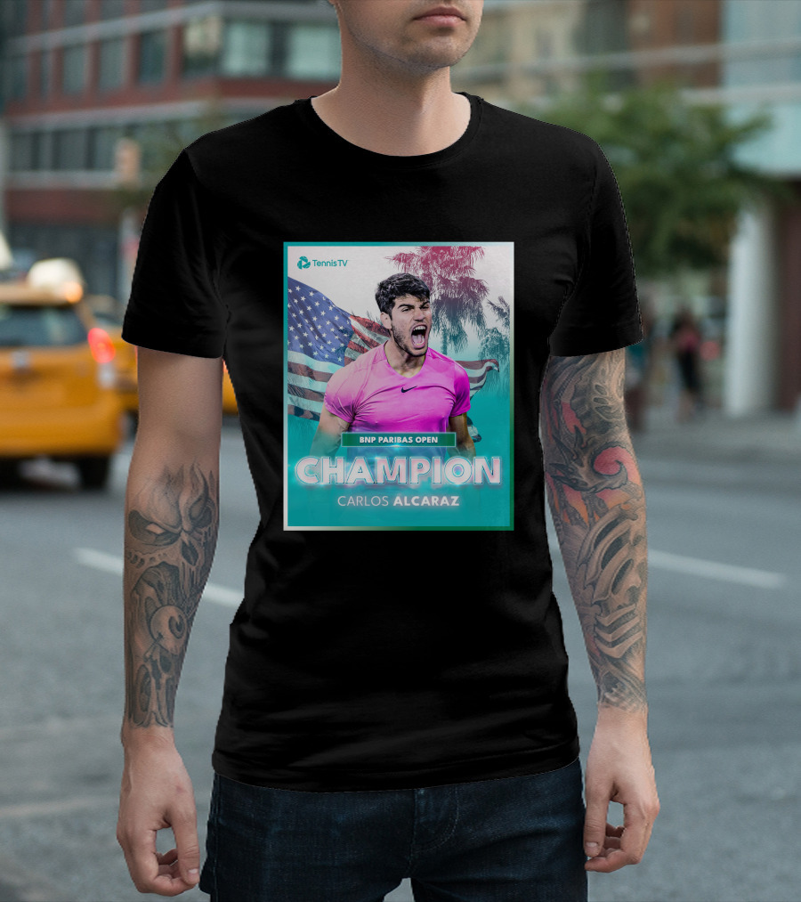TennisTV BNP Paribas Open Champion Carlos Alcaraz American Flag Background T-Shirt
