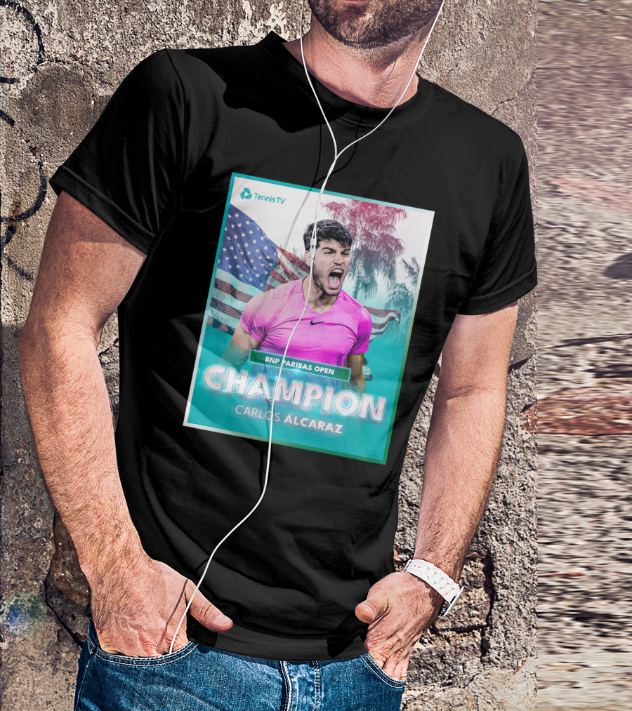 TennisTV BNP Paribas Open Champion Carlos Alcaraz American Flag Background T-Shirt