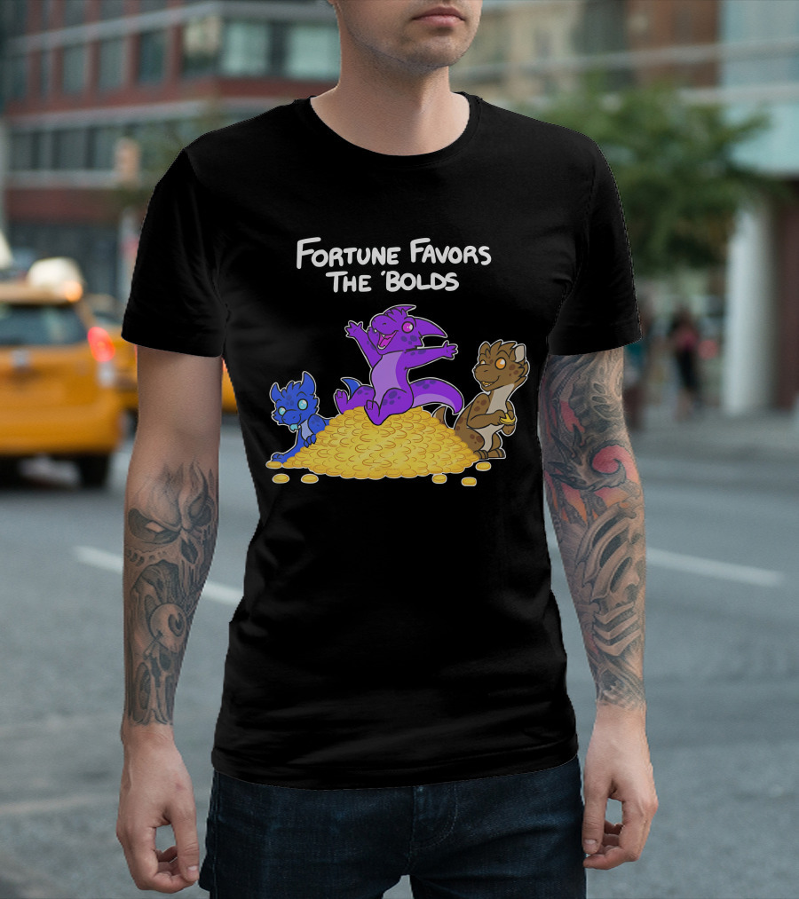Kobold Fortune Favors The Bold Colorful Cartoon Creatures on Gold Coins T-Shirt
