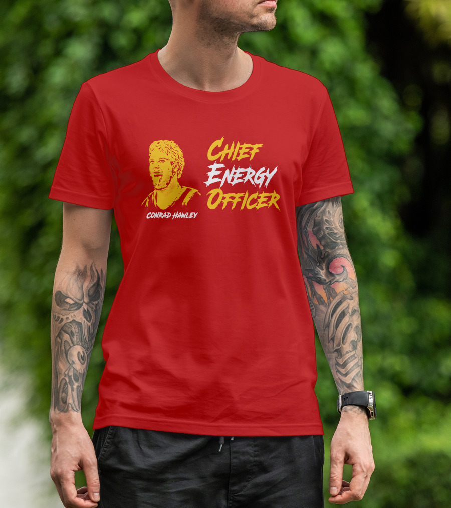 Conrad Hawley Chief Energy Officer Enthusiastic Portrait In Bold Yellow And White Text T-Shirt