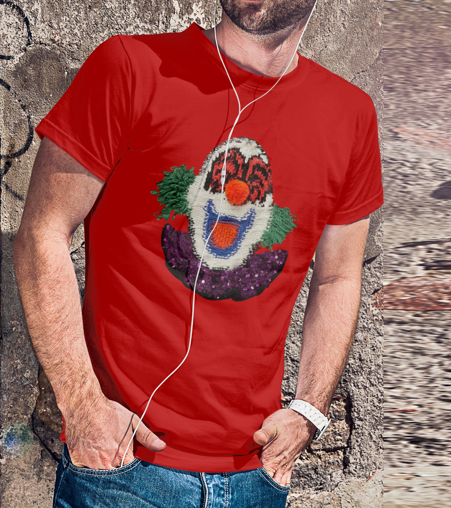 Sequin-Embellished Intarsia Wool Clown Face With Green Hair And Purple Collar T-Shirt