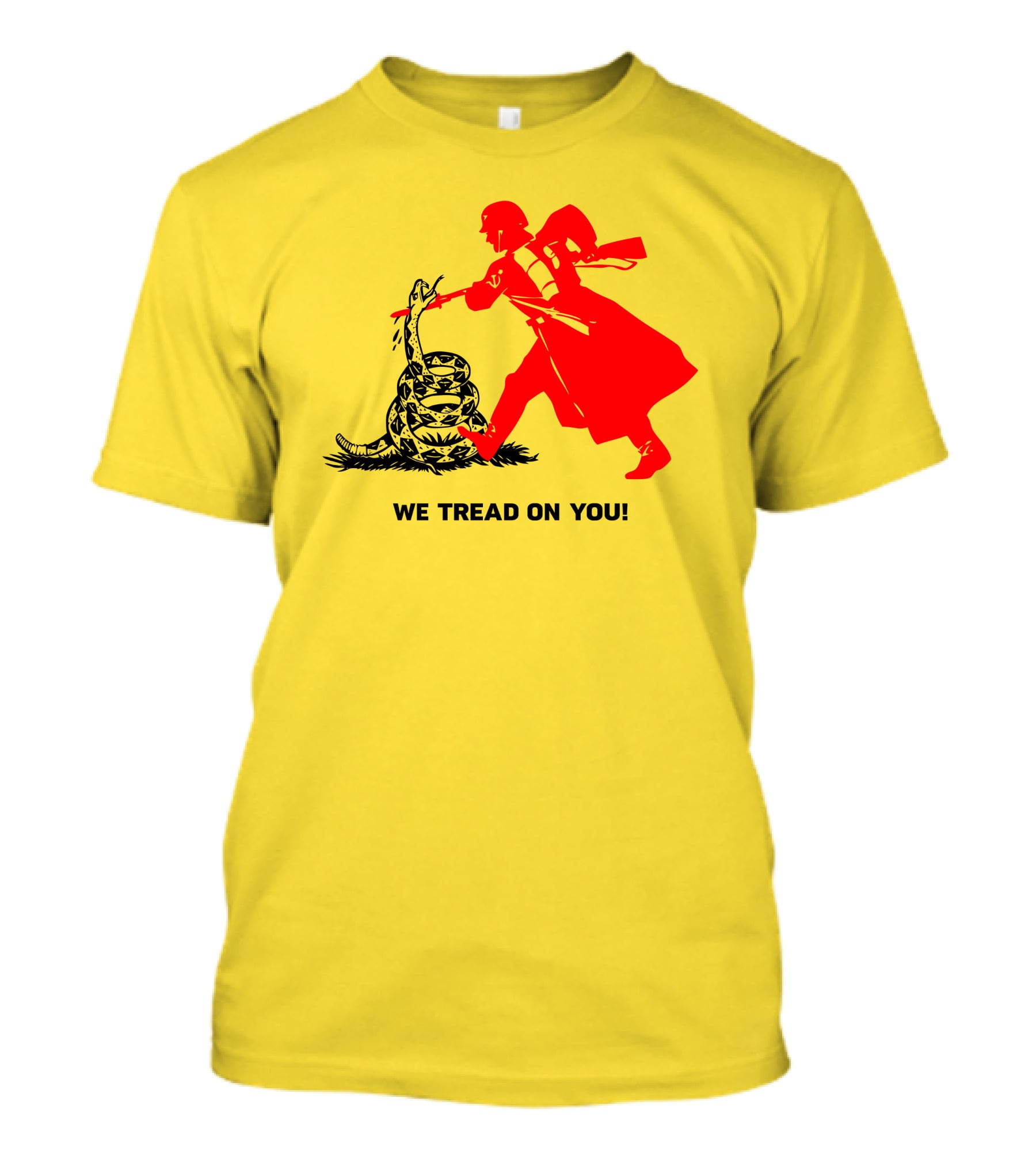 We Tread On You Revolutionary Soldier And Snake Yellow Background T-Shirt