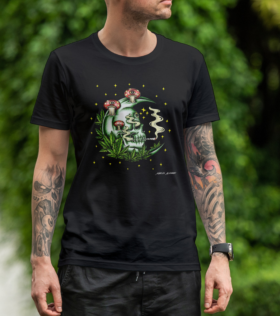 Marcos Alvarado Smoking Moon Skull With Mushroom Eyes And Cannabis Leaves T-Shirt
