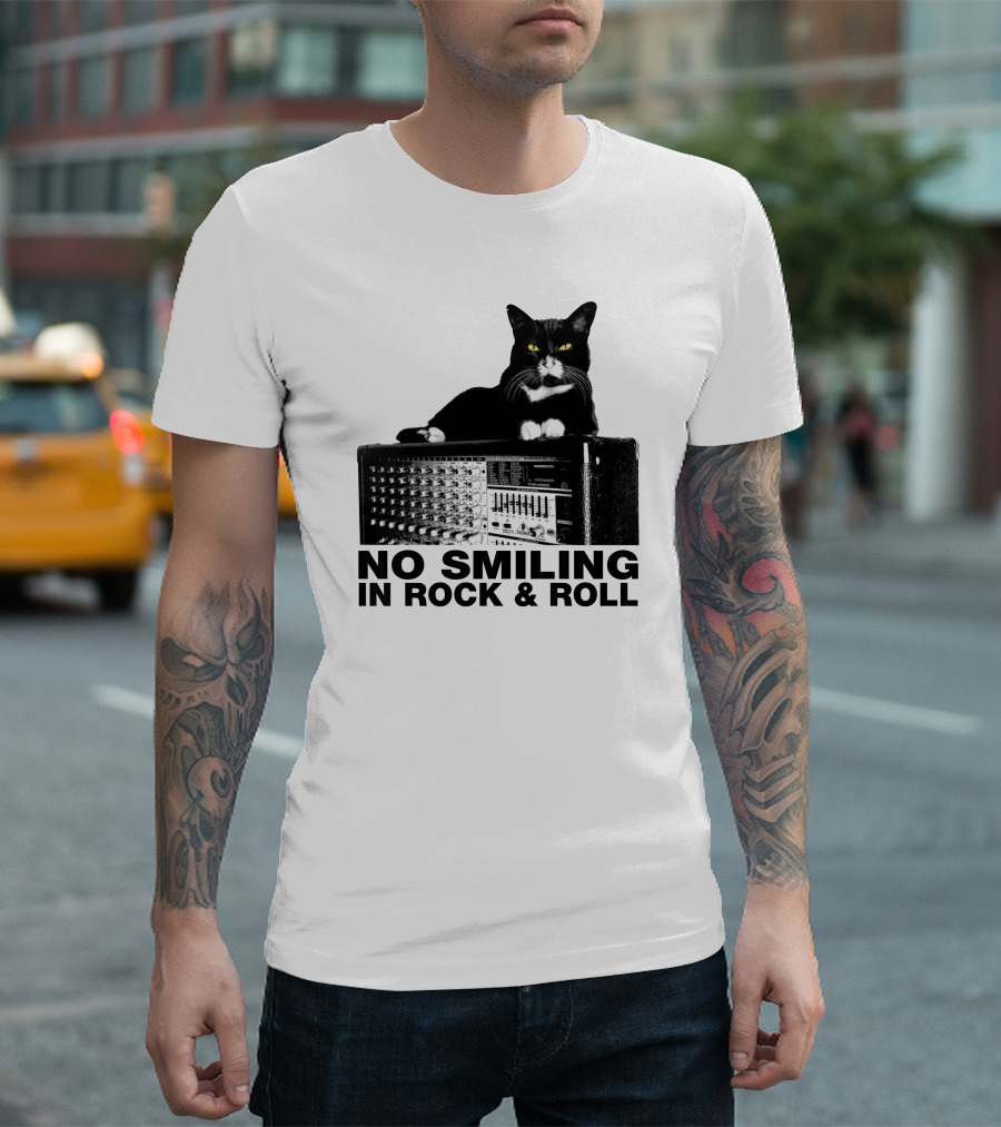 No Smiling In Rock And Roll Cat on Amplifier T-Shirt