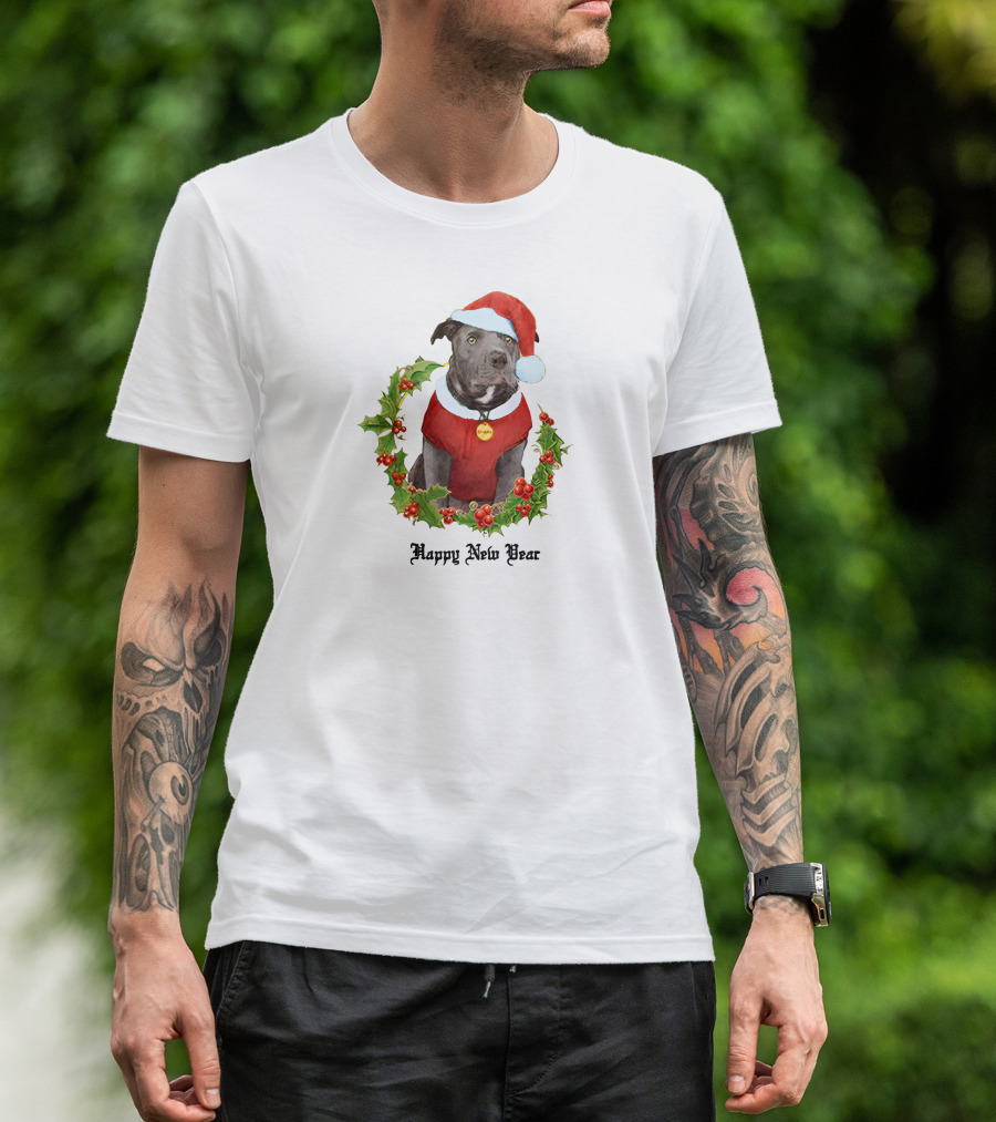 Billie Eilish Store Happy New Year Dog In Santa Hat And Holly Wreath T-Shirt