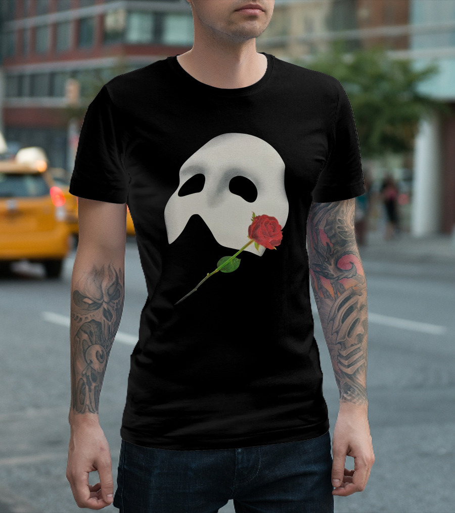 The Phantom Of The Opera 1988 Mask and Red Rose Iconography T-Shirt