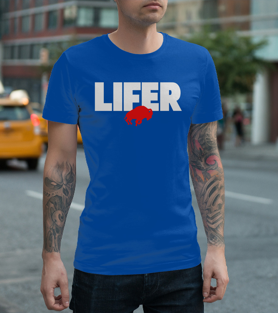 Lifer Buffalo Silhouette Blue Background T-Shirt