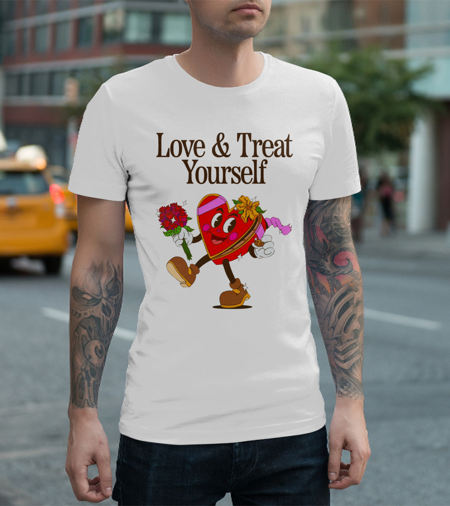 Love and Treat Yourself Heart Character with Flowers and Bow Tie T-Shirt