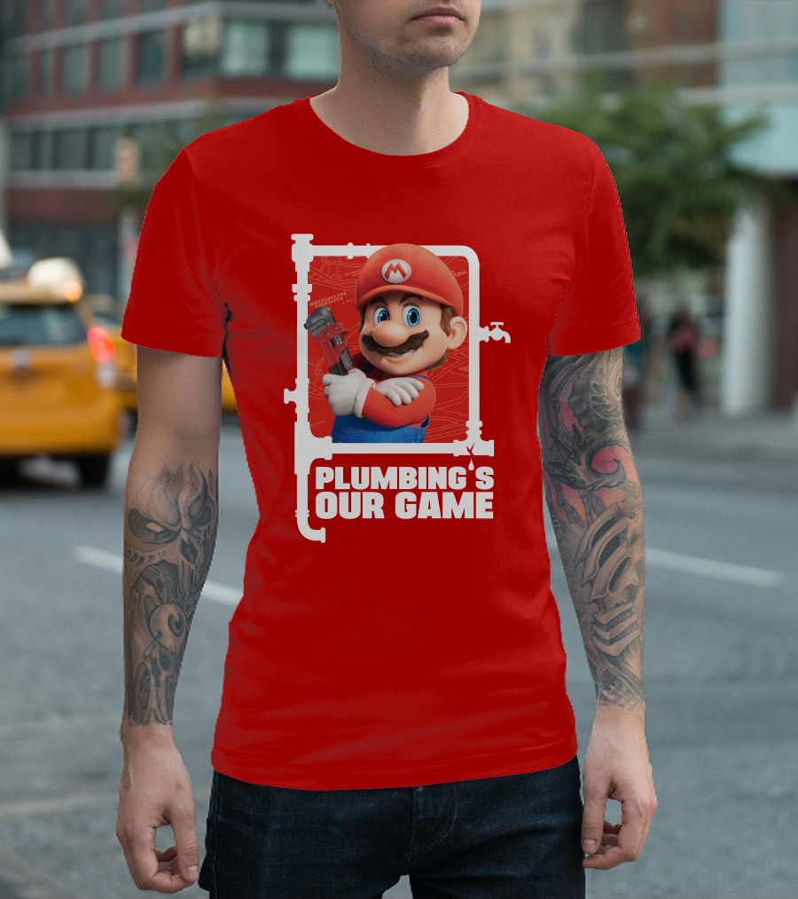 Mario Plumbing's Our Game Plumber's Iconic Red Outfit and Wrench T-Shirt
