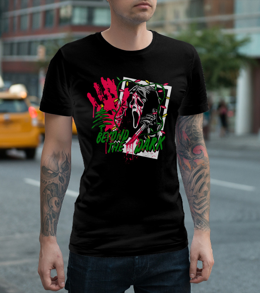 Beyond The Dark Ghost Face Christmas Lights and Bloody Handprint T-Shirt