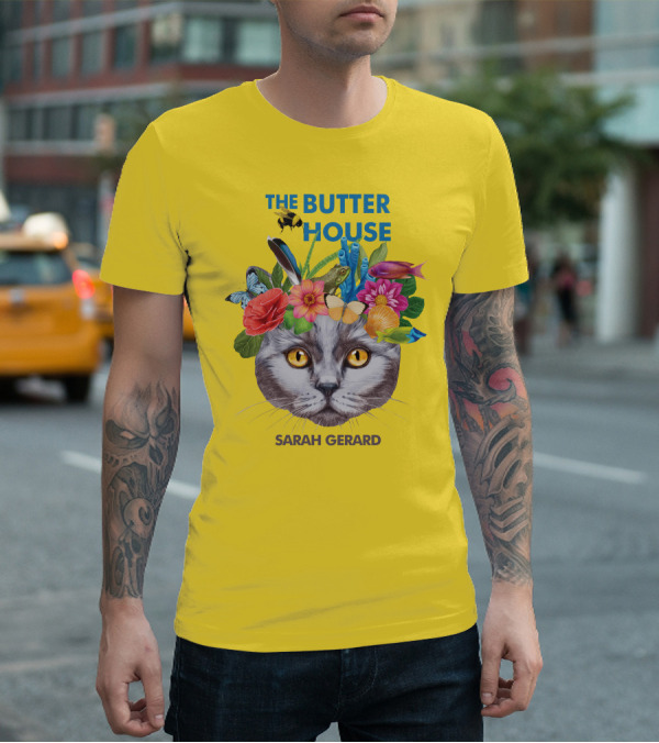 The Butter House Sarah Gerard Floral Cat With Butterflies And Fish On Yellow T-Shirt