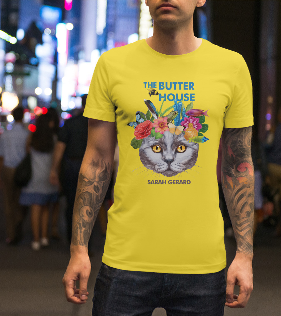 The Butter House Sarah Gerard Floral Cat With Butterflies And Fish On Yellow T-Shirt