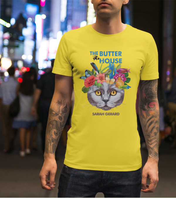 The Butter House Sarah Gerard Floral Cat With Butterflies And Fish On Yellow T-Shirt