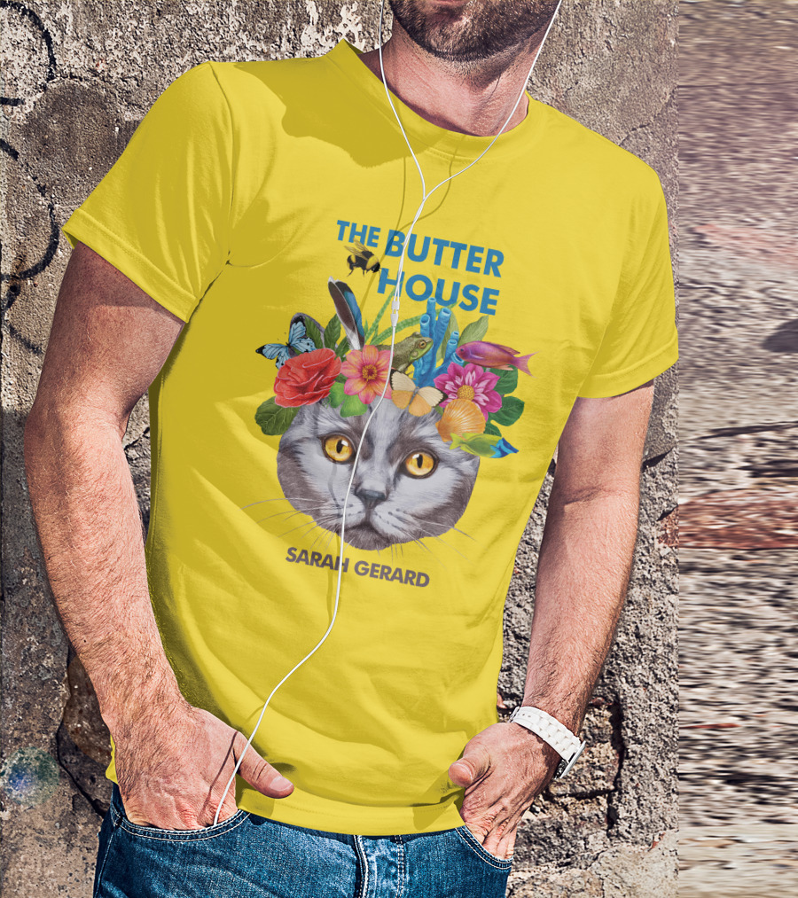 The Butter House Sarah Gerard Floral Cat With Butterflies And Fish On Yellow T-Shirt