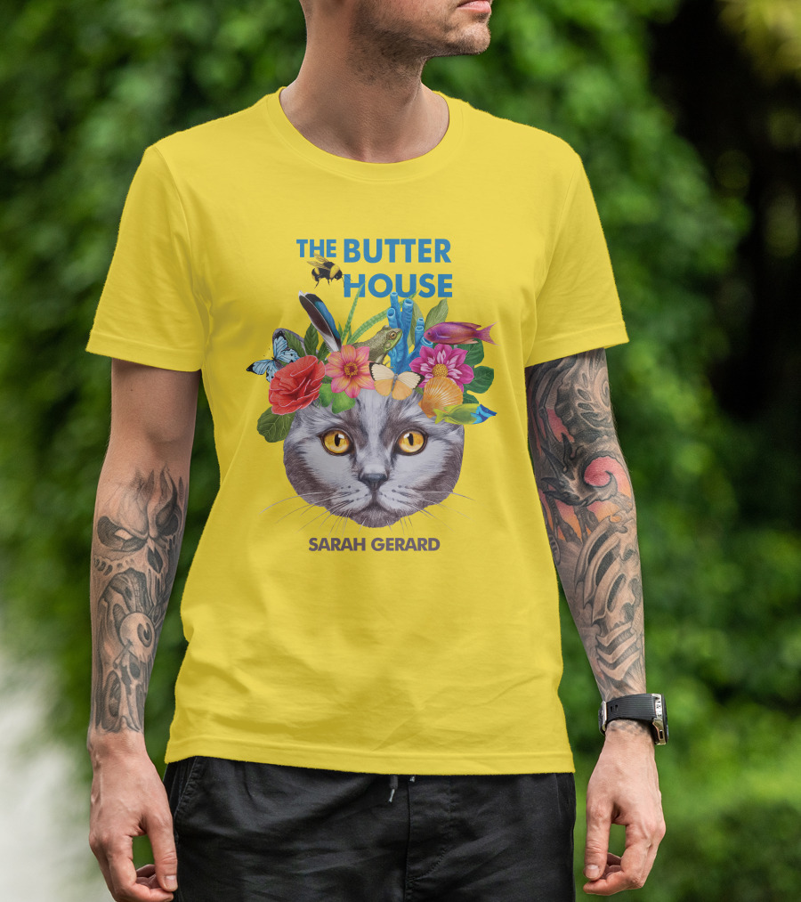 The Butter House Sarah Gerard Floral Cat With Butterflies And Fish On Yellow T-Shirt