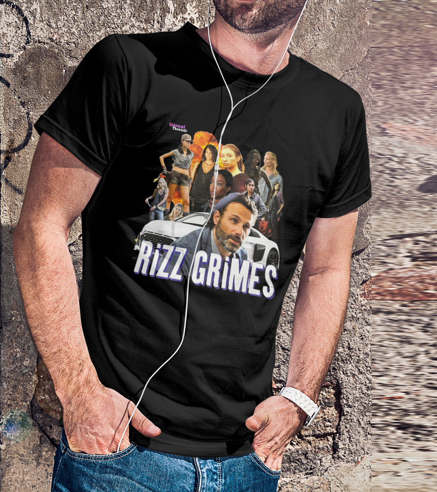 Unreal Threads Rizz Grimes Walking Dead Character Collage With Car And Flames T-Shirt