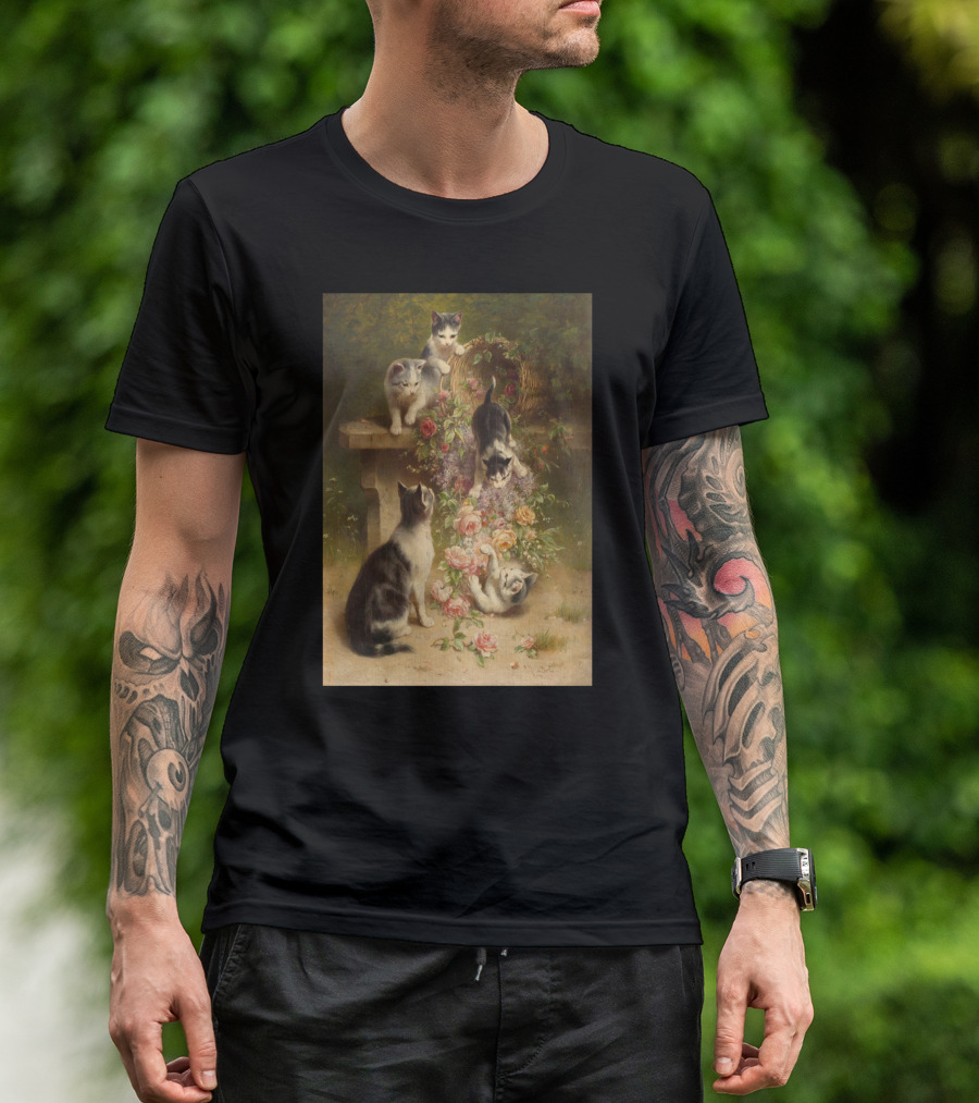 Cats And Flowers Playing On A Bench By Carl Reichert T-Shirt