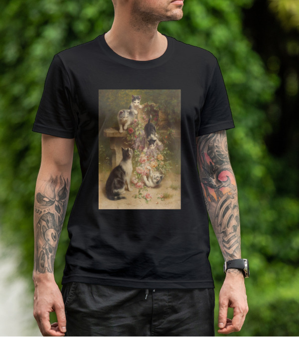 Cats And Flowers Playing On A Bench By Carl Reichert T-Shirt