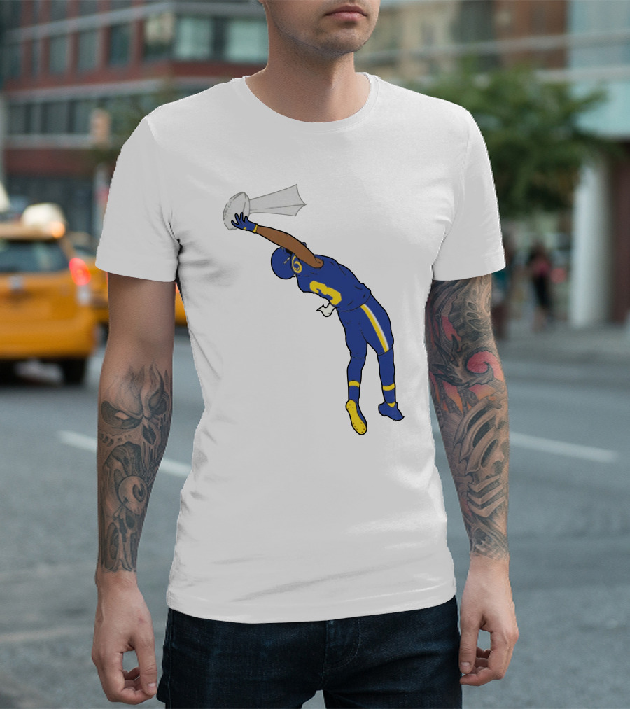 Trophy Catch Obj One-Handed Football Player Blue And Yellow Uniform T-Shirt