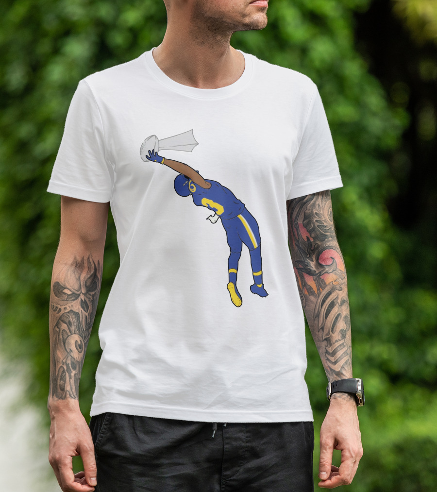 Trophy Catch Obj One-Handed Football Player Blue And Yellow Uniform T-Shirt