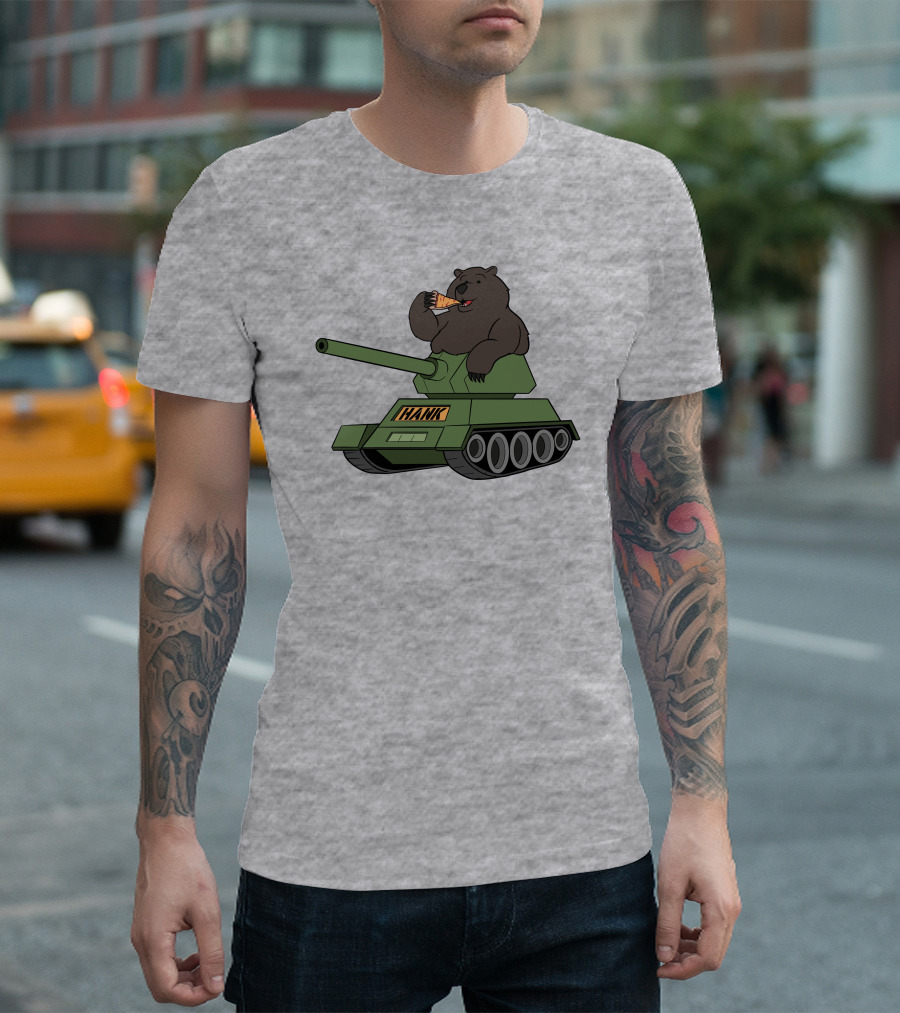 Bear Eating Pizza on a Tank with Hank Text T-Shirt