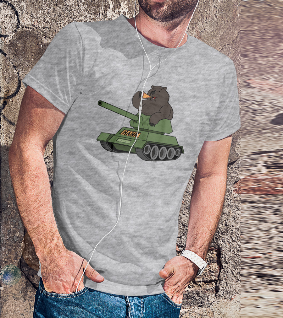 Bear Eating Pizza On A Tank With Hank Text T-Shirt