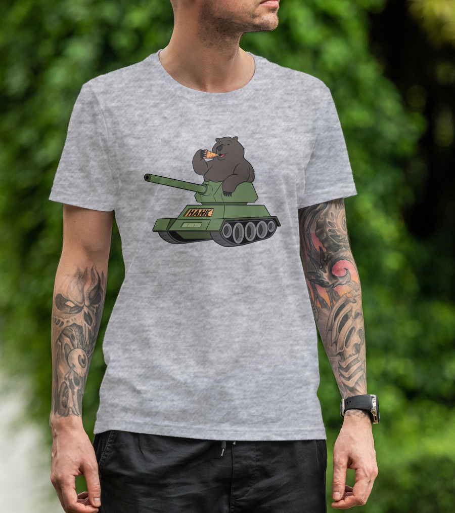 Bear Eating Pizza On A Tank With Hank Text T-Shirt