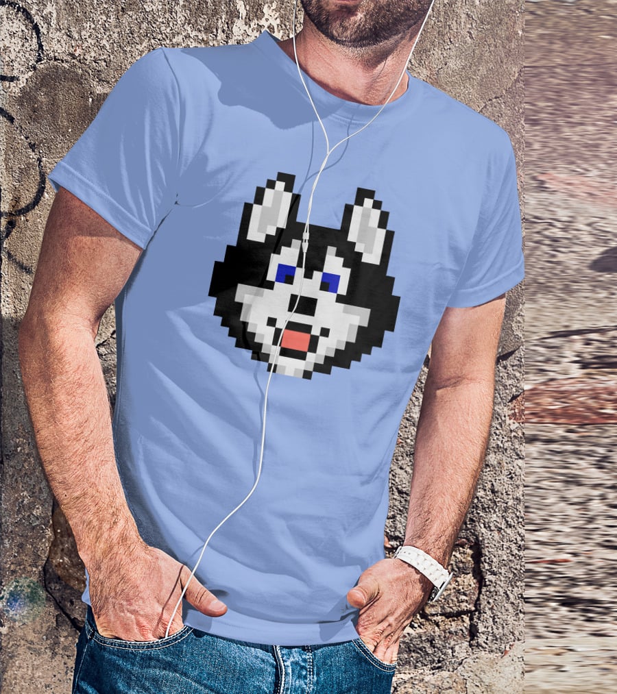 Huskytoken Cat Pixelated Husky Face On Light Blue T-Shirt