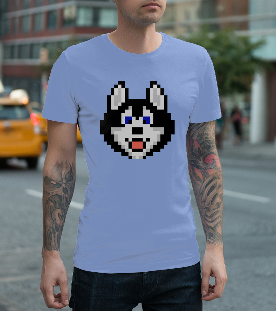 Funny Pixelated Huskytoken Cat Face on Light Blue Background T-Shirt