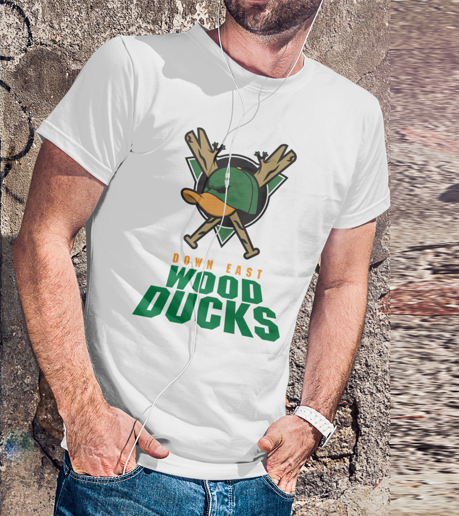 Down East Wood Ducks Baseball Logo With Crossed Bats And Duck Cap T-Shirt