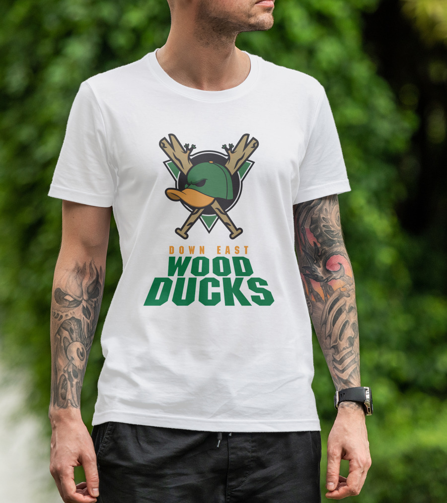 Down East Wood Ducks Baseball Logo With Crossed Bats And Duck Cap T-Shirt