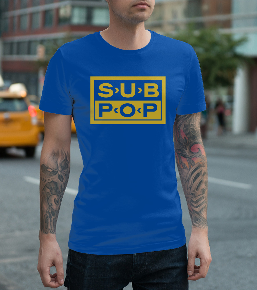 Sub Pop Records Megamart Store Logo Blue Background T-Shirt
