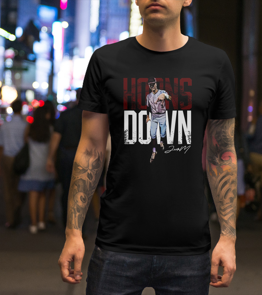Fanarch Store Horns Down Jack Moss Signature Baseball Pose T-Shirt