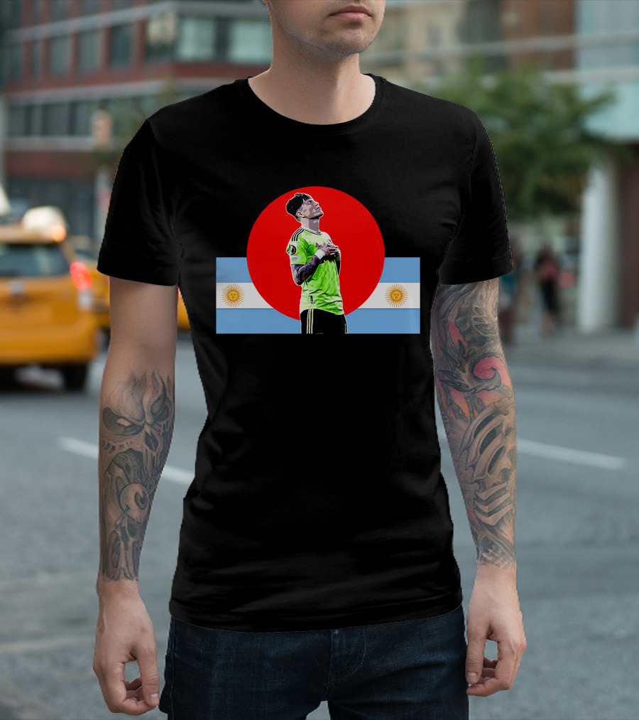 Red Manc Garnacho Argentina Soccer Pose with Flag and Sunburst T-Shirt