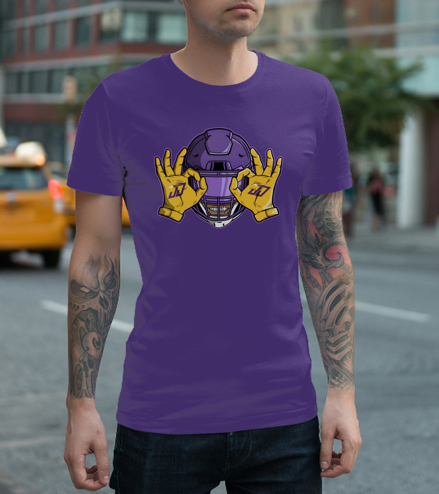 Kevin O’Connell Justin Jefferson Griddy JJ Celebration Viking Helmet Purple Yellow Hands T-Shirt