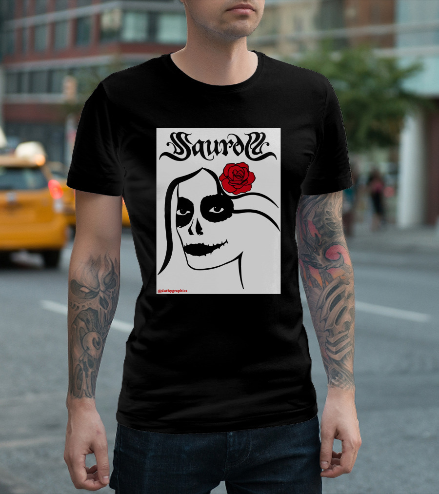 Saurom Cathygraphics Skull Face with Red Rose T-Shirt