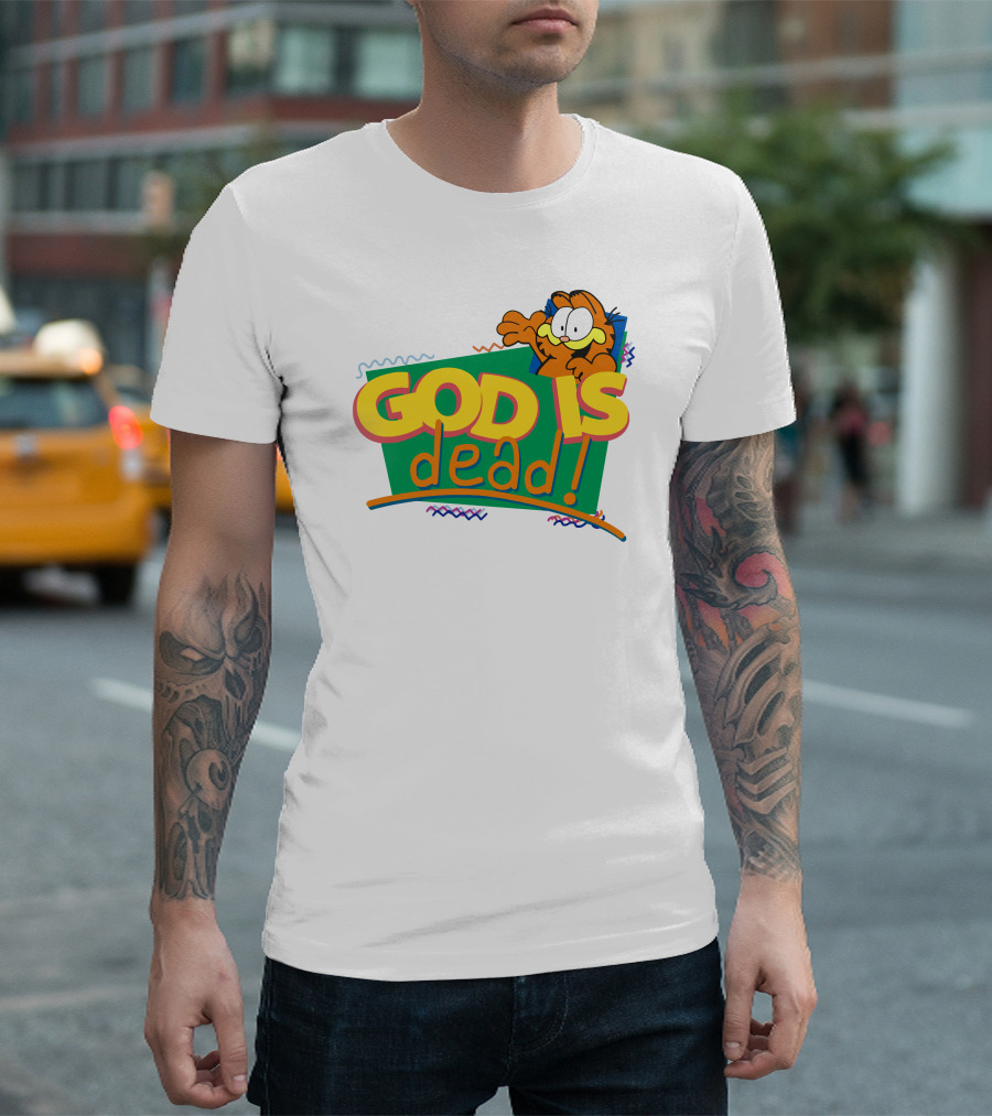 Garfield God Is Dead Comic Style Text With Playful Cartoon Character T-Shirt