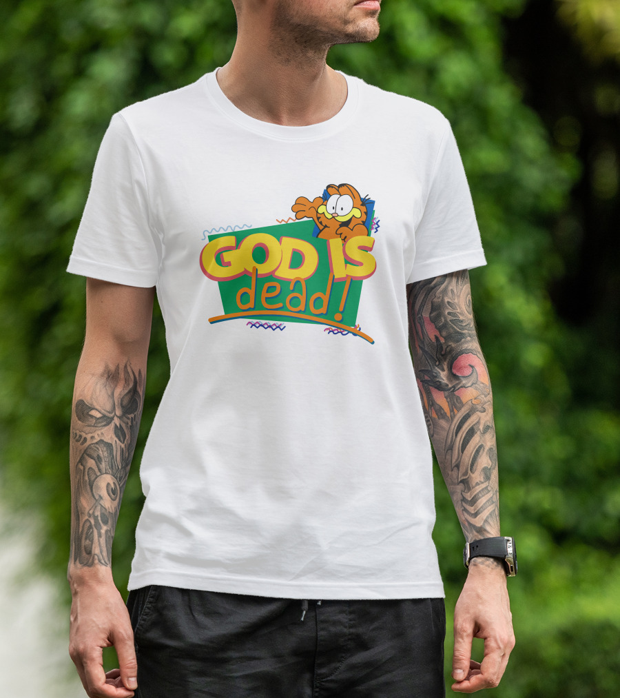 Garfield God Is Dead Comic Style Text With Playful Cartoon Character T-Shirt