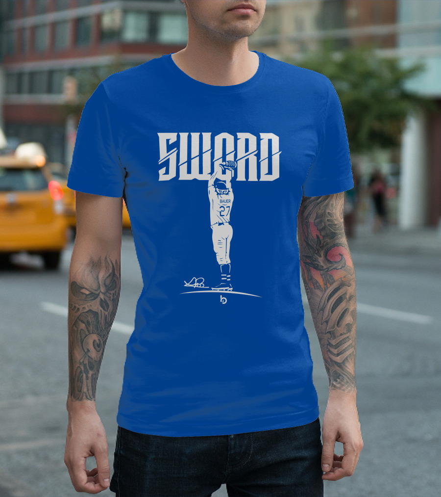 SWORD Trevor Bauer 27 Baseball Blue Merchandise T-Shirt