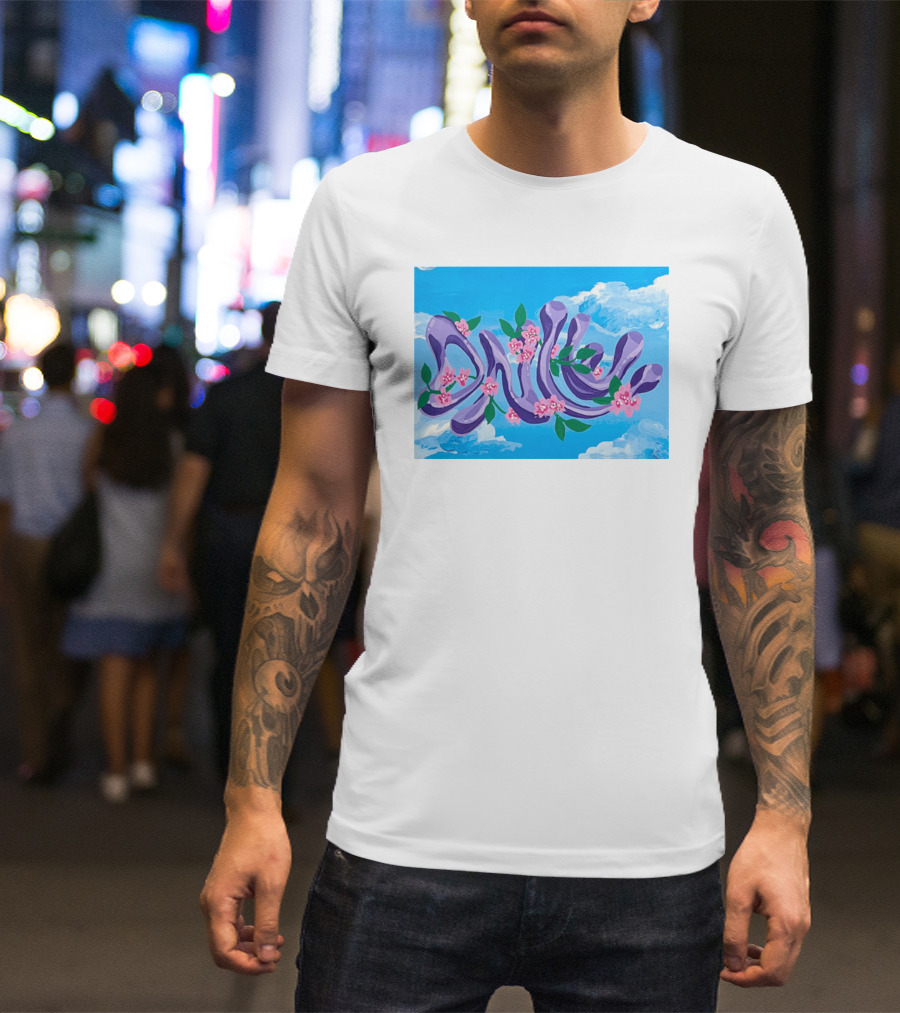 Jolene Dance Purple Script With Pink Flowers On Blue Sky Background T-Shirt