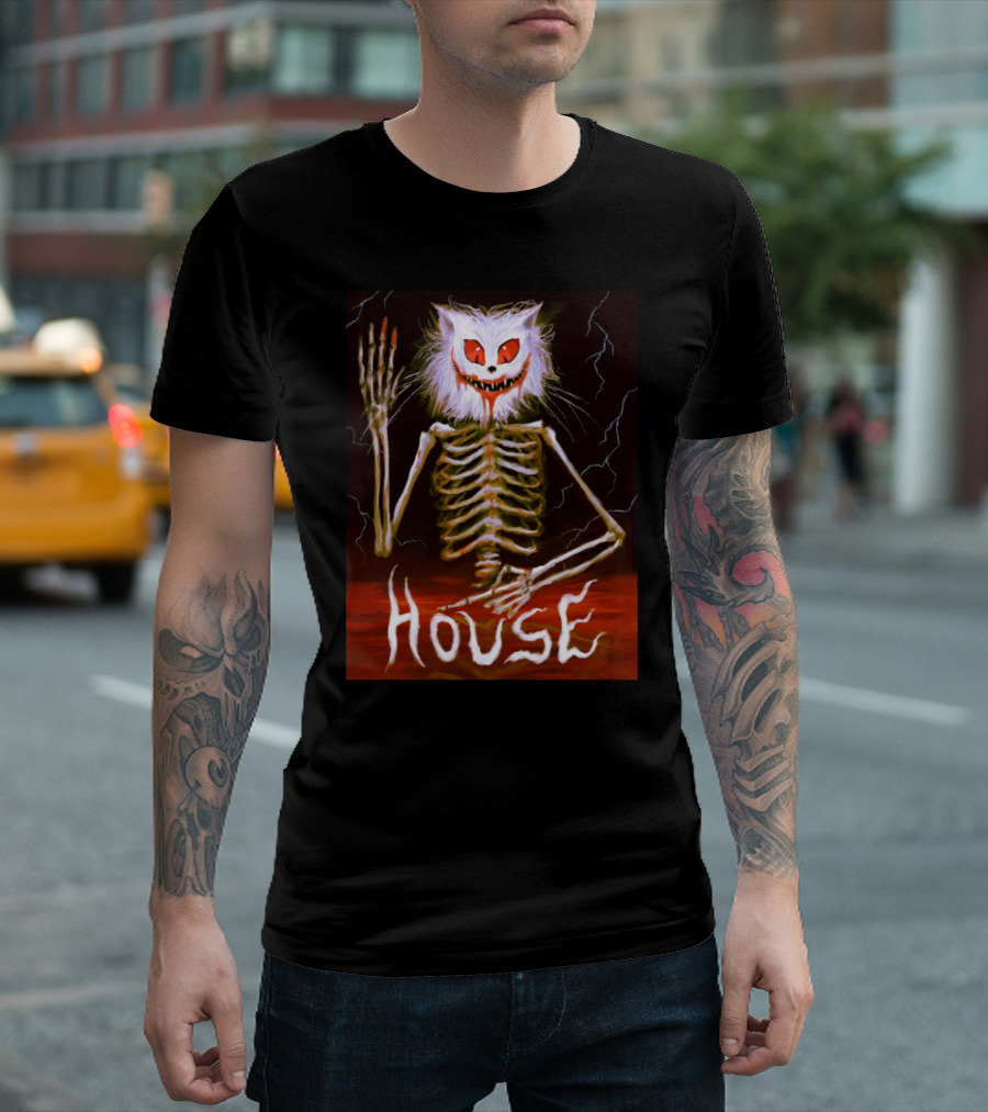 House Skeleton Cat Spirit With Lightning T-Shirt