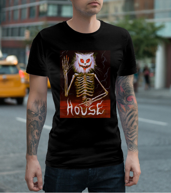 House Skeleton Cat Spirit With Lightning T-Shirt