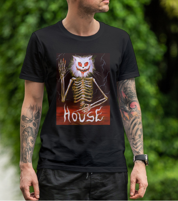 House Skeleton Cat Spirit With Lightning T-Shirt