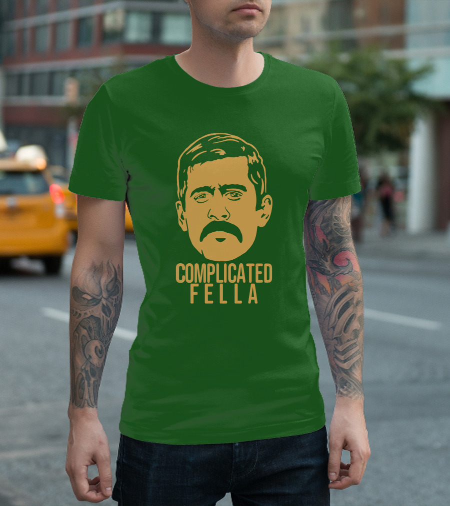 Complicated Fella Graphic With Mustache On Green Background T-Shirt
