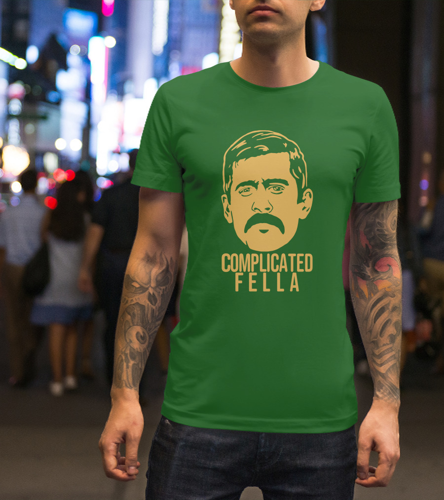Complicated Fella Graphic With Mustache On Green Background T-Shirt