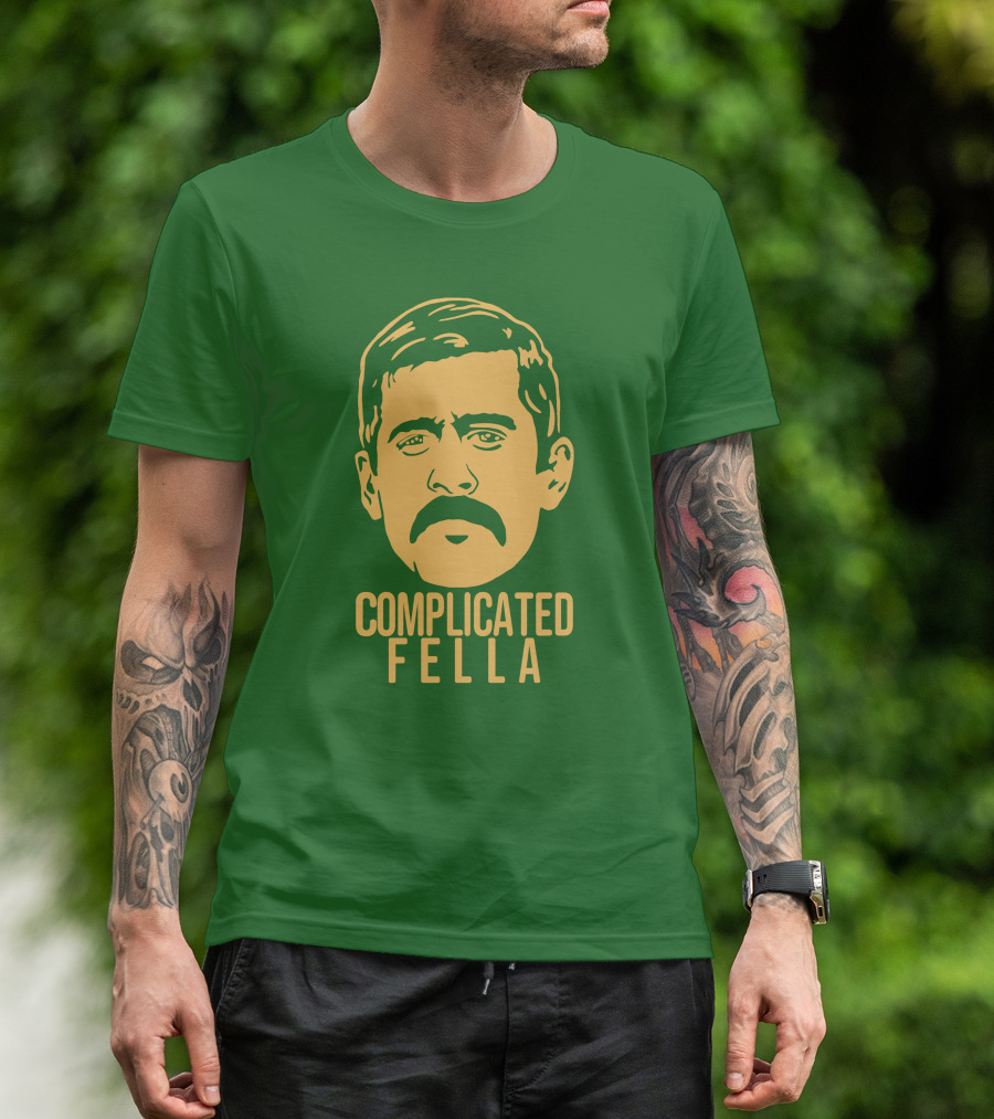 Complicated Fella Graphic With Mustache On Green Background T-Shirt