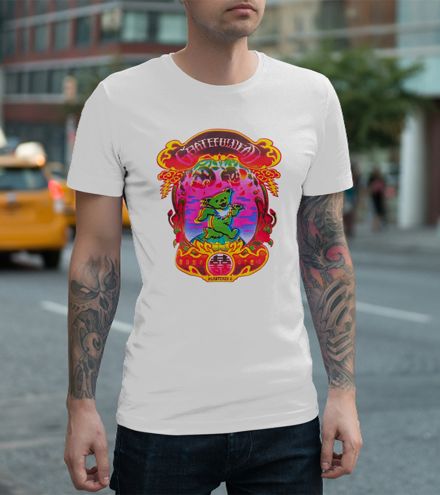 Grateful Dead X Plastered Psychedelic Bear Design with Skulls and Lightning T-Shirt