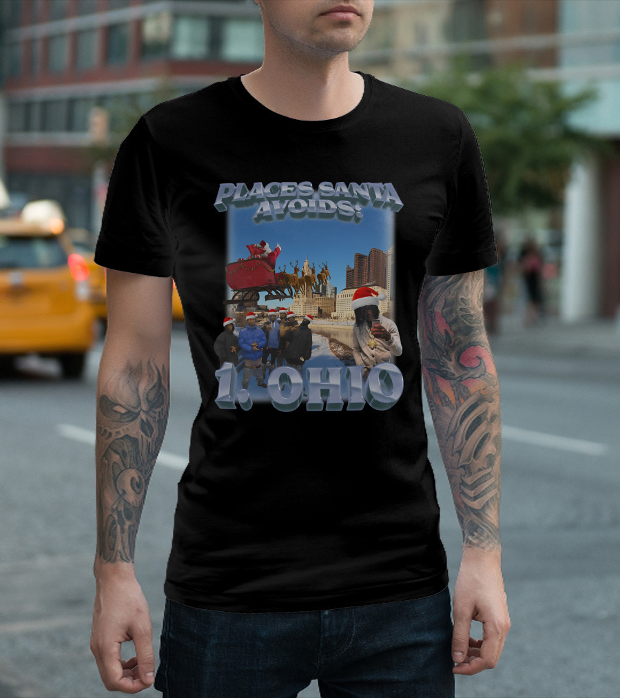Places Santa Avoids 1 Ohio Santa's Sleigh Reindeer Columbus Skyline T-Shirt