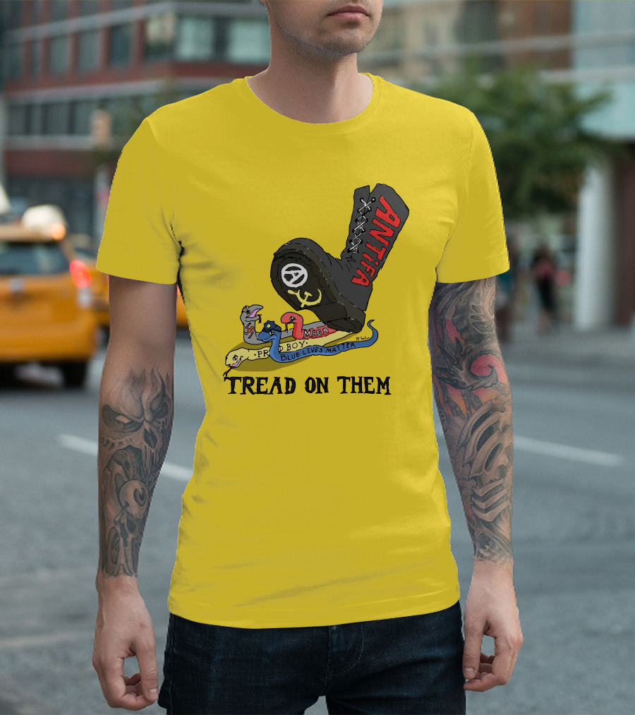 No Gods No Masters Antifa Boot Stomping Tread On Them MAGA Blue Lives Matter Proud Boy T-Shirt